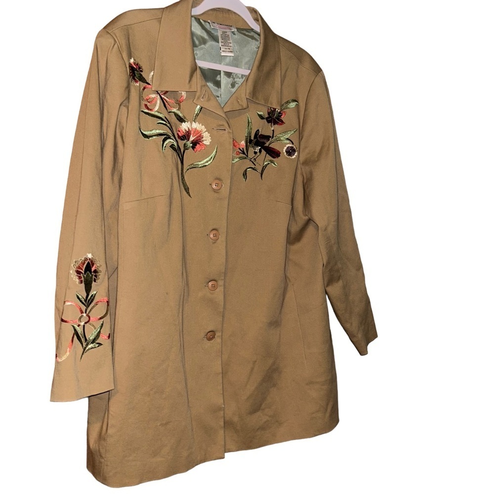 Victor Costa Occasion Tan Floral Embroidered Jacket plus size 1X blazer birds
